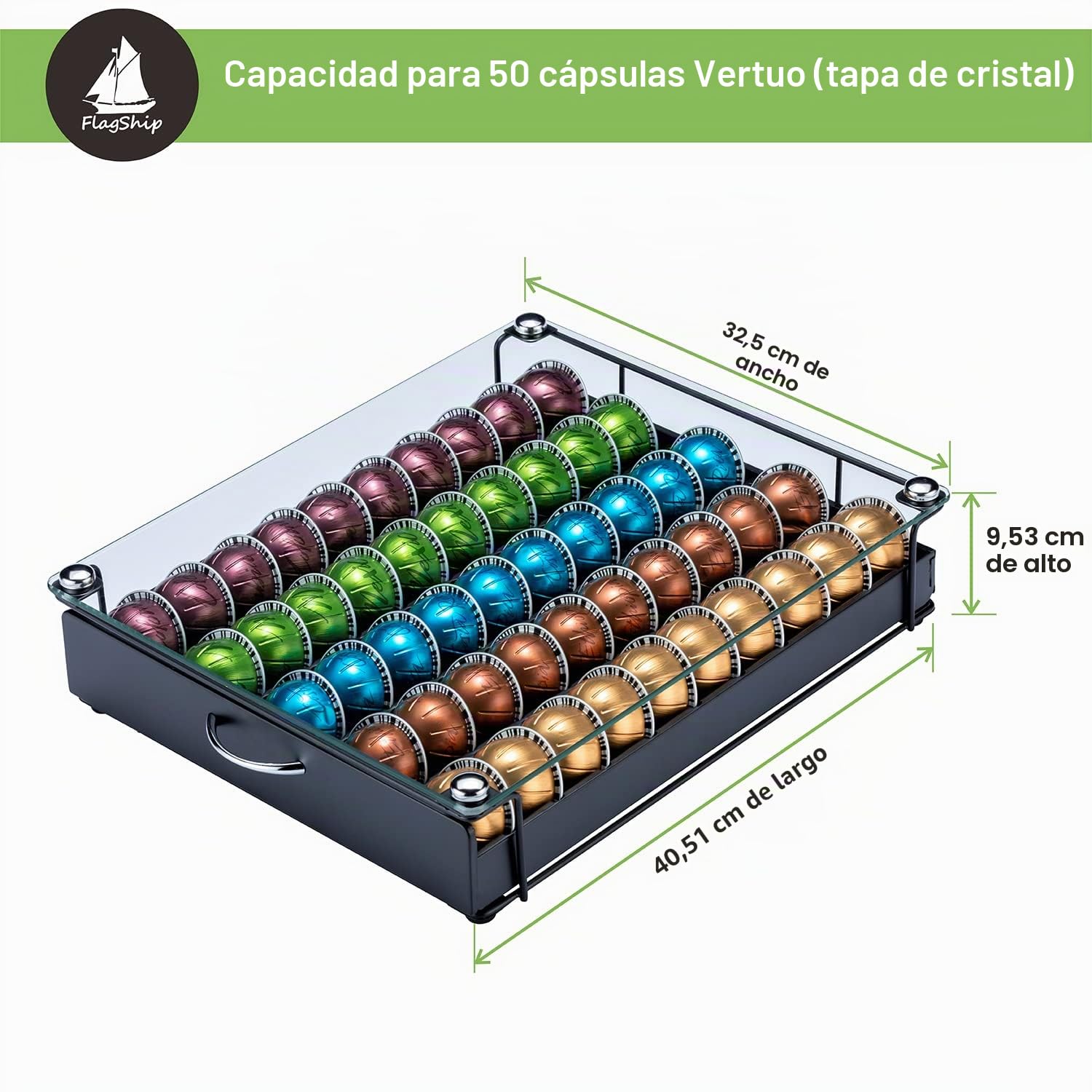 Soporte para cápsulas FlagShip Vertuo, organizador de cápsulas de café para cápsulas Nespresso, placa de vidrio (capacidad 50 cápsulas)