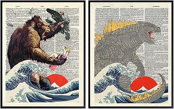 King Kong, Godzilla Poster Set - Great Wave - Horror Movie Merchandise - Scary Movie Gifts for Vintage Hollywood Monster Movie Fans - 8x10 Art Print, Wall Decor for Boys Room, Teen Bedroom