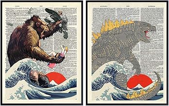 King Kong, Godzilla Poster Set - Great Wave - Horror Movie Merchandise - Scary Movie Gifts for Vintage Hollywood Monster Movie Fans - 8x10 Art Print, Wall Decor for Boys Room, Teen Bedroom