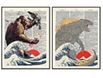 King Kong, Godzilla Poster Set - Great Wave - Horror Movie Merchandise - Scary Movie Gifts for Vintage Hollywood Monster Movie Fans - 8x10 Art Print, Wall Decor for Boys Room, Teen Bedroom