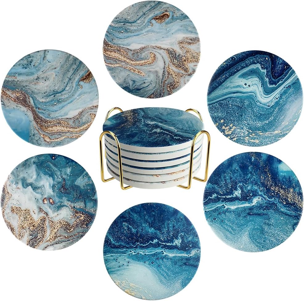 Ceramic Coasters Set of 6, Marble-Textured Design with Holder - Absorbent Cork-Backed Coasters for Cups, Bar & Coffee Table Decor Accessories (Blue Ocean, 6 Pack-Thin)