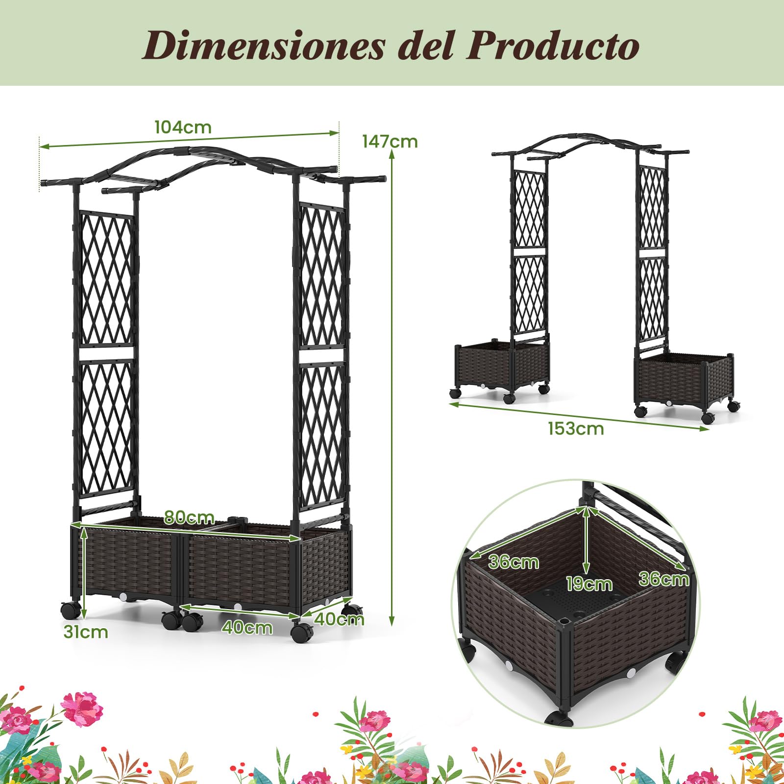 RELAX4LIFE Arco de Jardín con 2 Macetas, Jardineras con Arco Superior, Enrejado para Plantas Trepadoras con Ruedas, Sistema de Auto-Riego, para Flores, Hierbas Aromáticas y Plantas Trepadoras