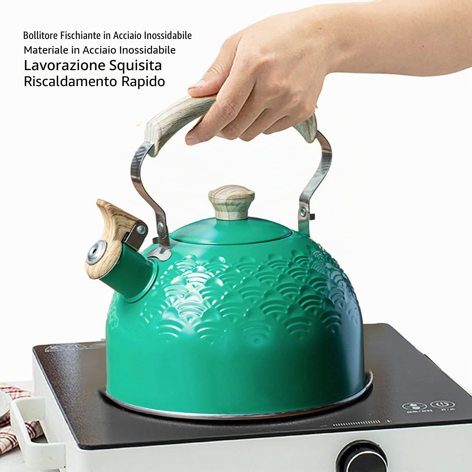 Bollitore da tè con Fischio, Teiera da 2,5 Litri in Acciaio Inossidabile per Uso Alimentare con Manico in Legno con Tocco Freddo, Bollitore per Acqua con Fischio Forte (Verde)