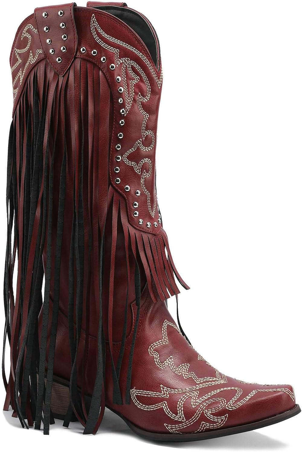 KiutSymo Fringe Cowboy Boots for Women Knee High Classic Embroidery Chunky Heel Pointed Toe Tassel Riding Cowgirl Western Boots Pull on Wedding Party