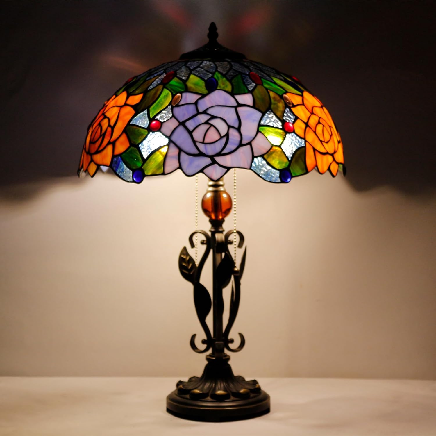 Tiffany Table Lamp Yellow Red Rose Flower Stained Glass Desk Reading Light 16X16X24 Inch Metal Leaf Base for Bedroom Living Room Home Office