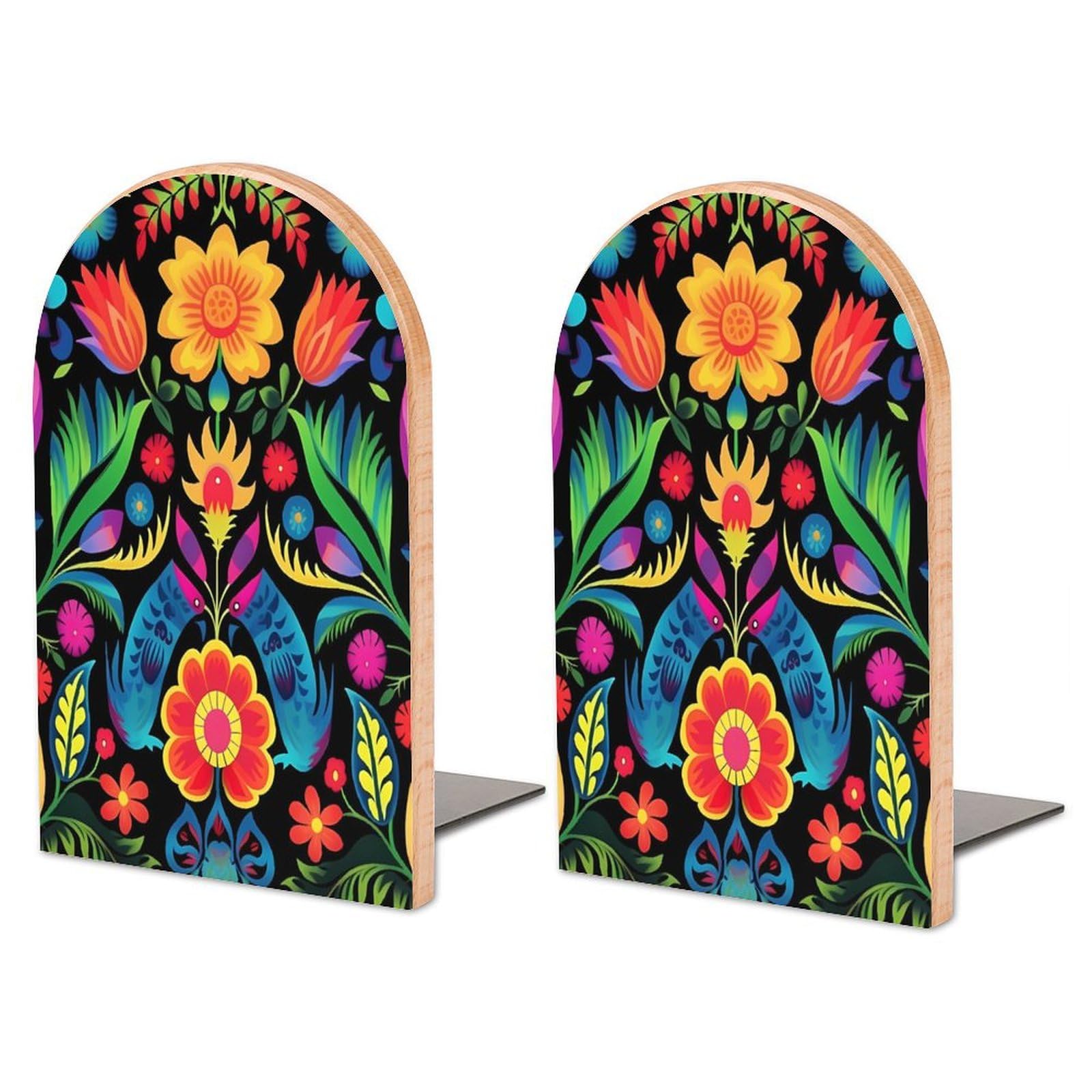 2 PCS Wood Book Ends,Mexican Style Colorful Striped Flower Bookends for Shelves Non Skid Book Ends for Office Home Kitchen, Bookends for Holiding Books 5x3 Inch