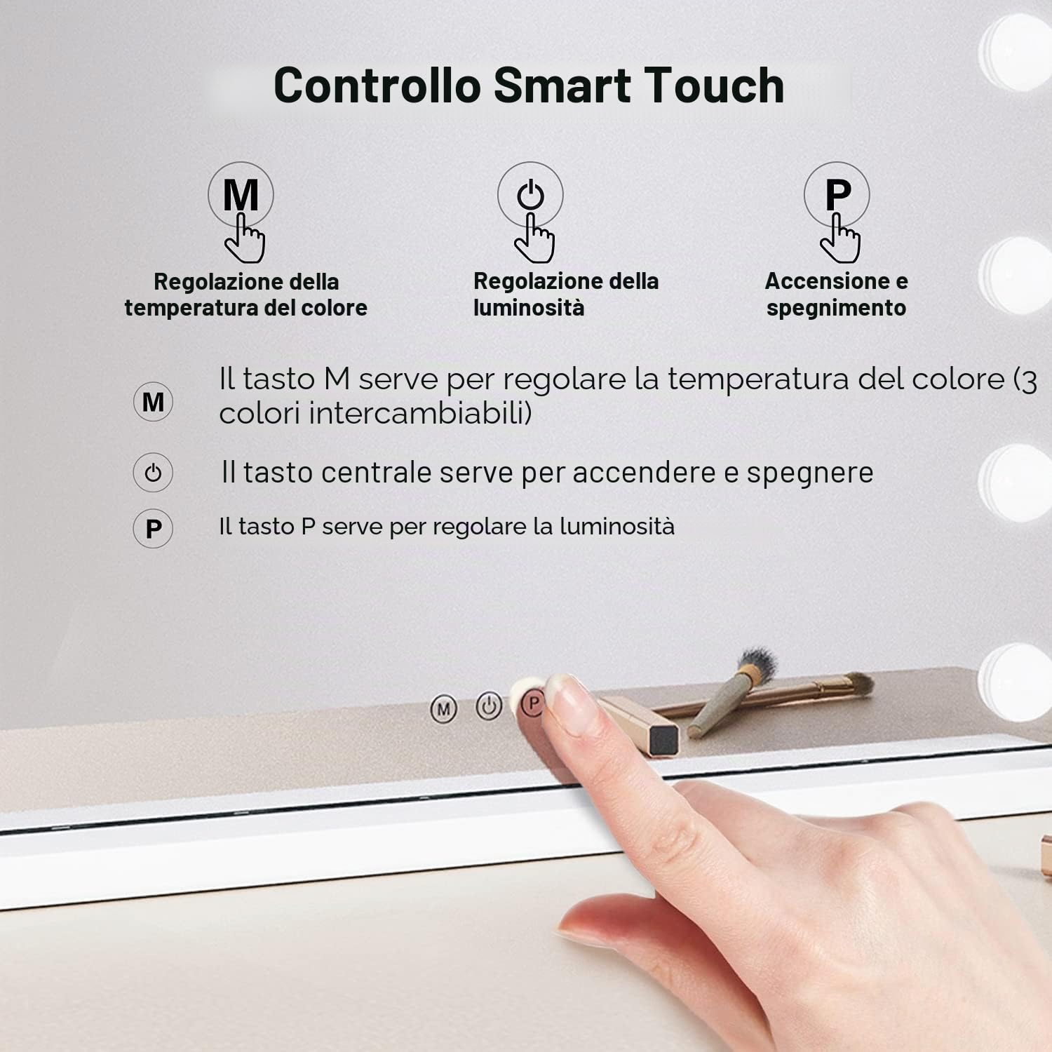 SONNI, Hollywood - Specchio da trucco, 58 x 46 cm, con 3 temperature di colore, 15 lampadine a LED, specchio grande con controllo touch e funzione di memoria della luminosità