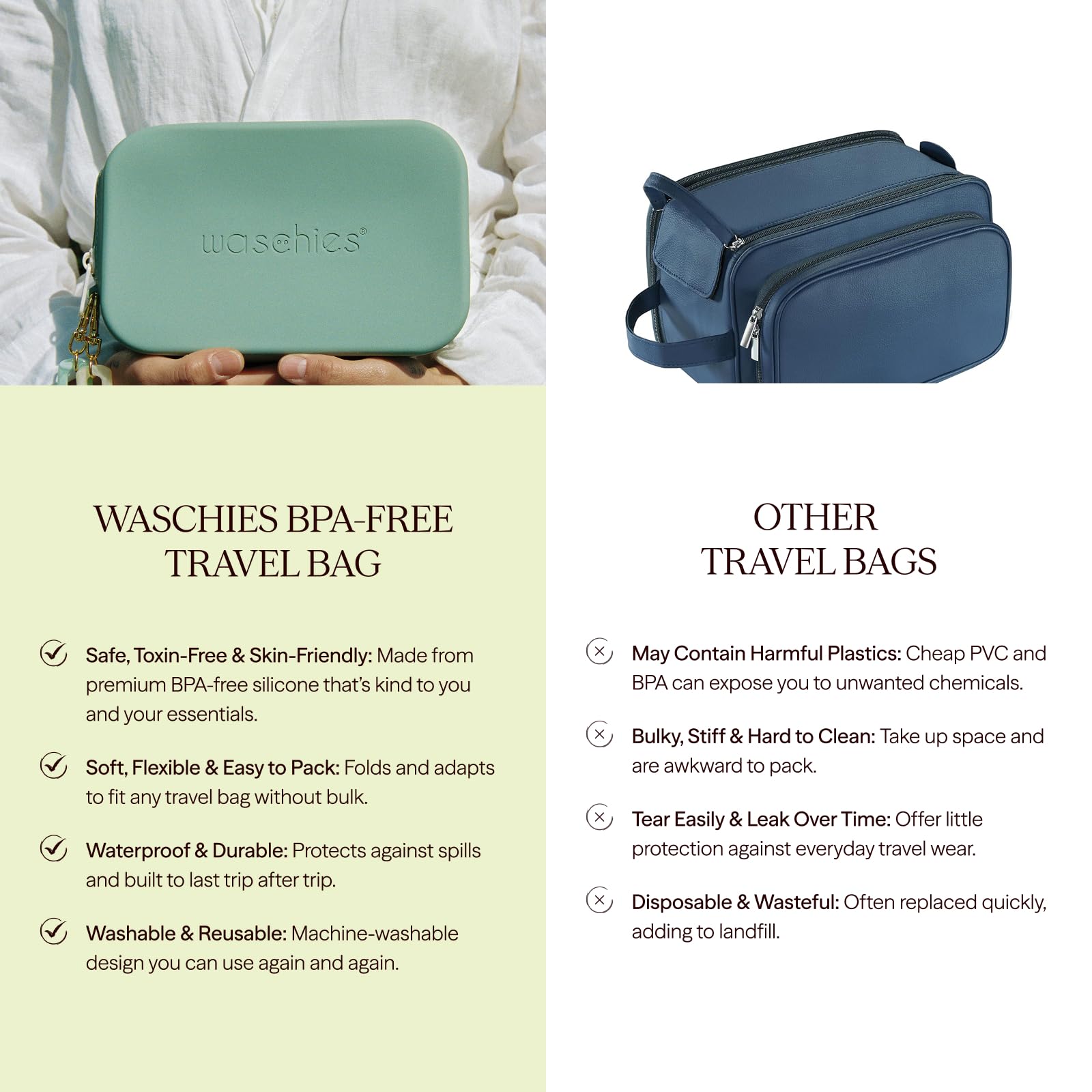 Waschies Large Travel Beauty Bag in Sage, BPA Free Silicone Toiletries Pouch, Machine Washable - Image 4