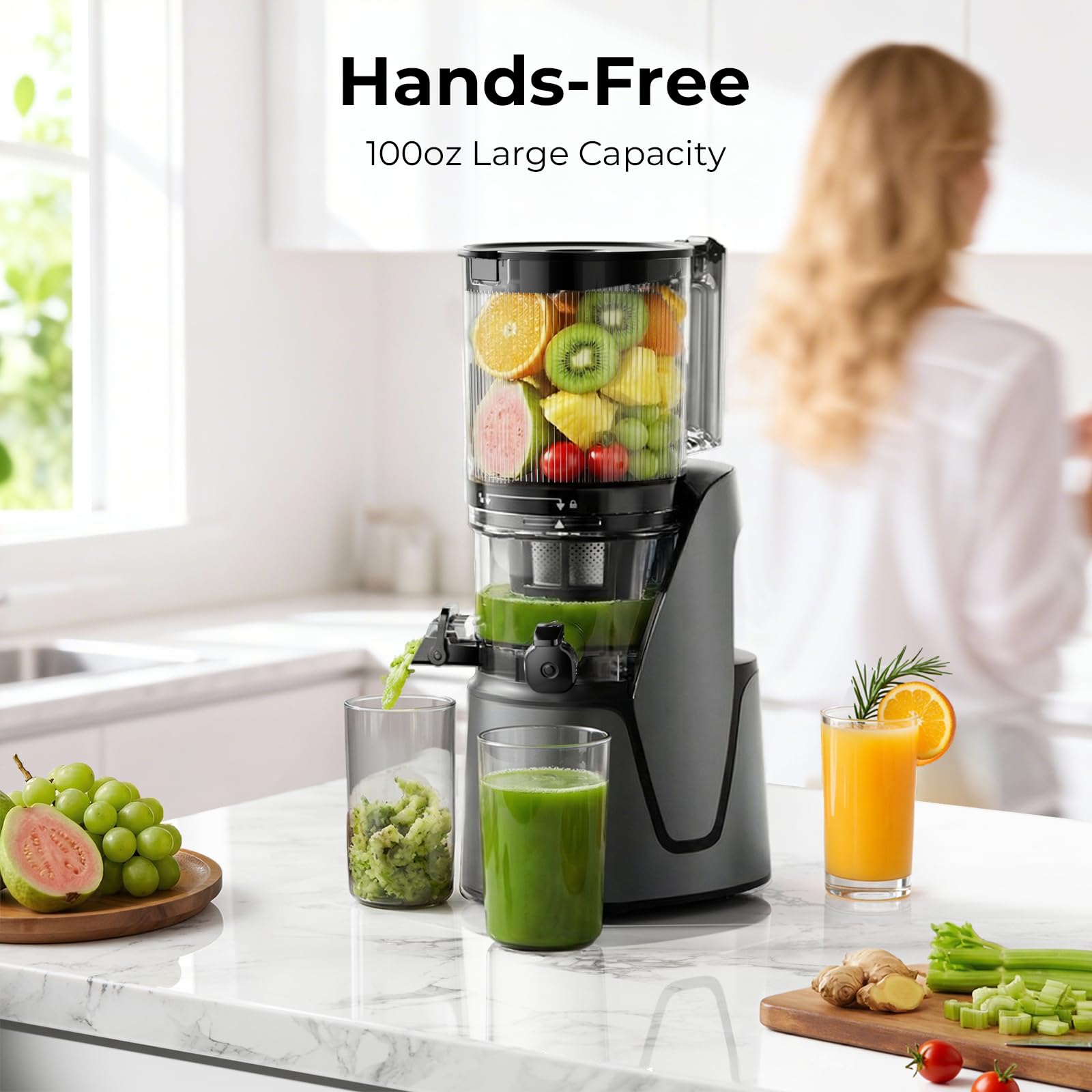 Juicer Machines, 3-in-1 Cold Press Juicer with 6.5" Extra Large Chute, 100oz Large Capacity, AC Motor, Makes Juice, Nut Milk & Sorbet, Premium Gray - 5