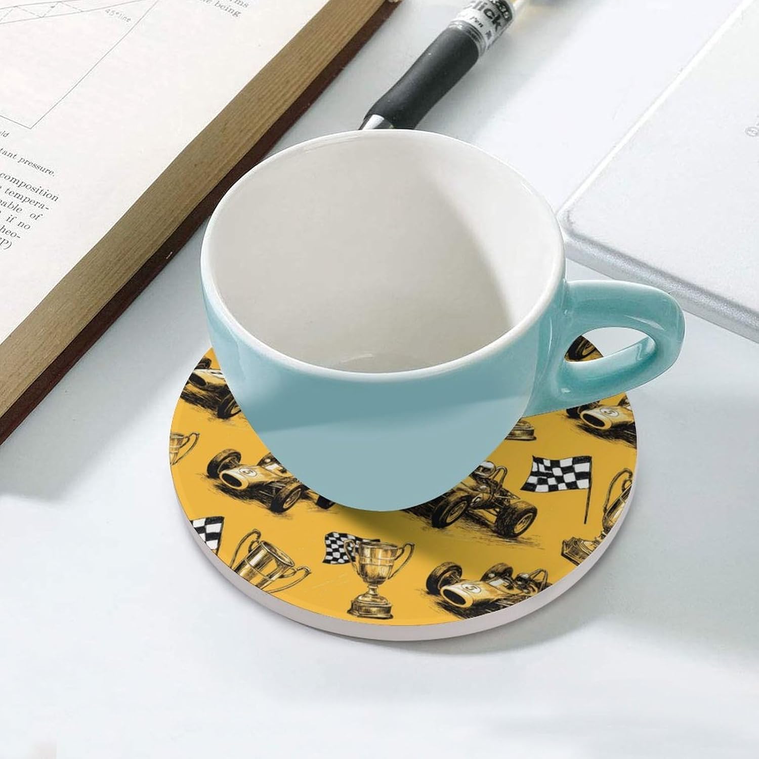 Racing Car Pattern Round Ceramic Coasters for Drinks Absorbent Cup Holder Tabletop Protector with Cork Base