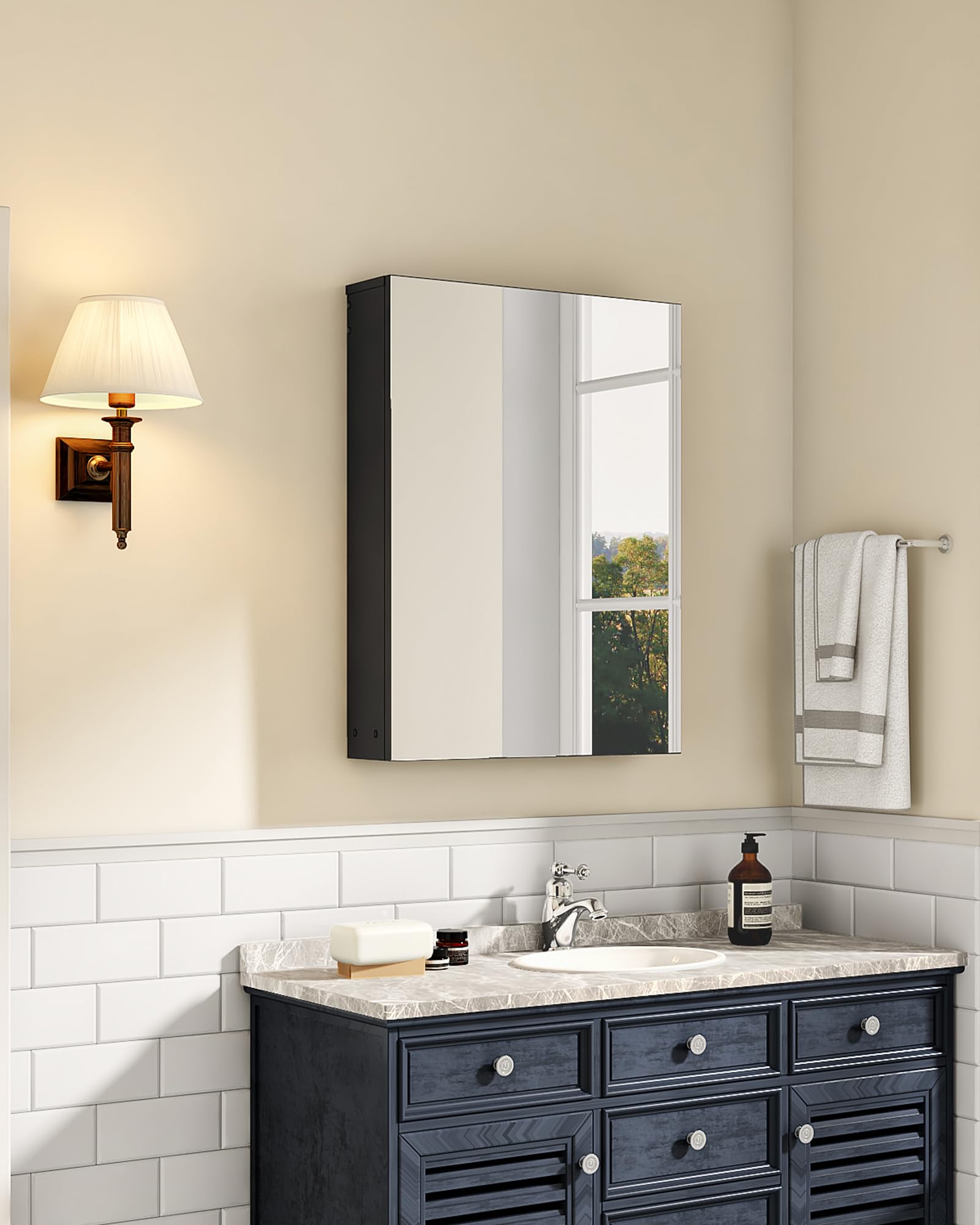 CHOEZON Armadietto da Bagno 45x60 cm a Parete con Specchio, Armadietto per Medicinali Sospeso con Ripiani Regolabili, Specchio da Ingresso, Nero