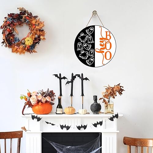 Miniatura 5 de Letrero de Halloween con texto en inglés "Hey Boo" para puerta delantera, Halloween, fantasma, fantasma, madera para colgar en la puerta, letrero de
