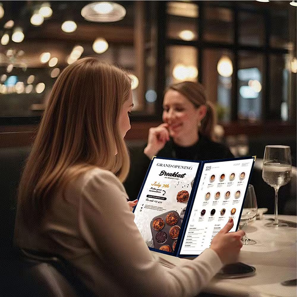 Goodsmart Cafe Style - Funda para menú, doble costura borde, vinilo transparente, paquete de 25 (azul, 4 vistas, 8.5 x 11 pulgadas)