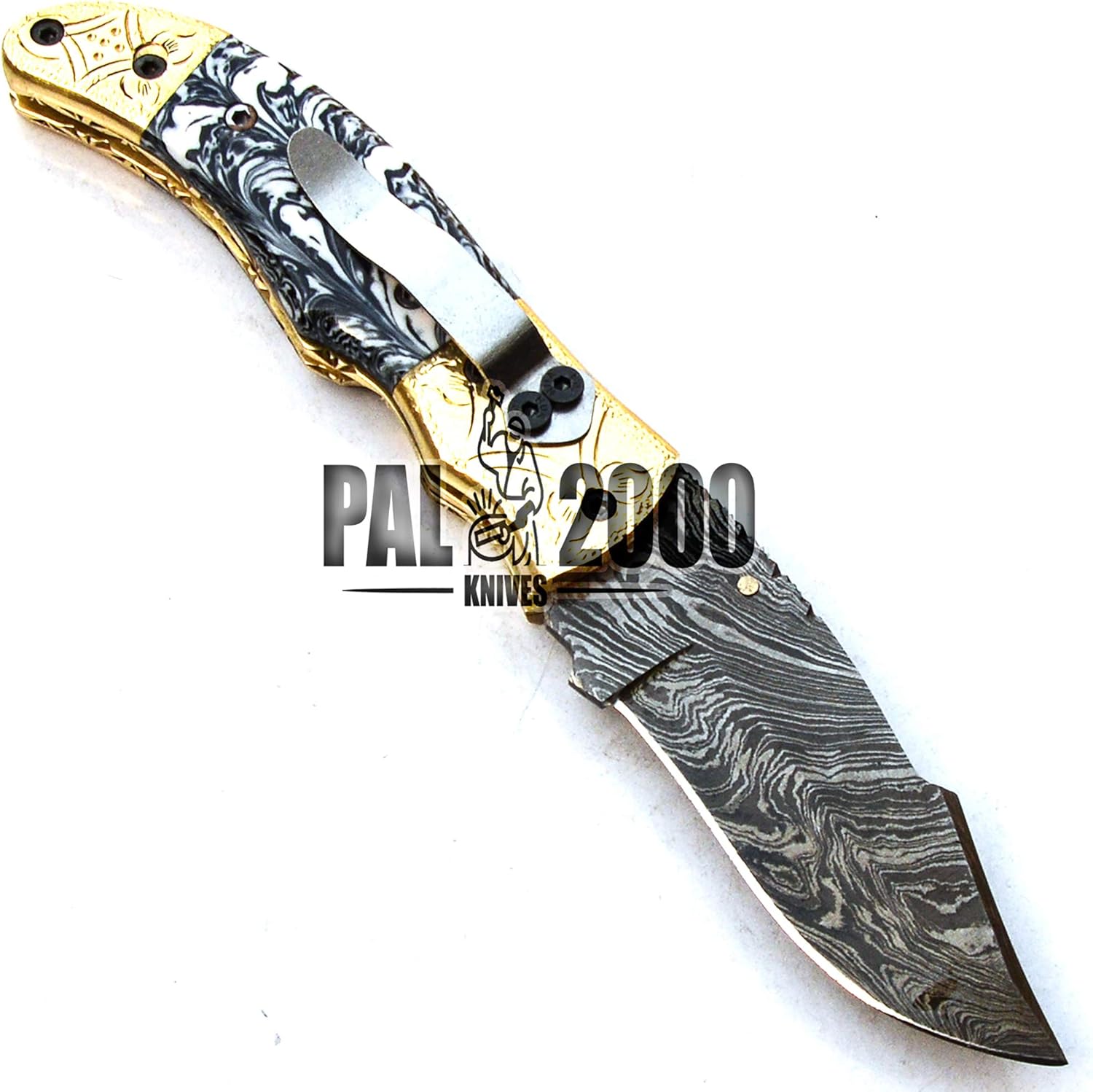 POC-9780 Handmade Damascus Steel Pocket Clip Knife with Sheath