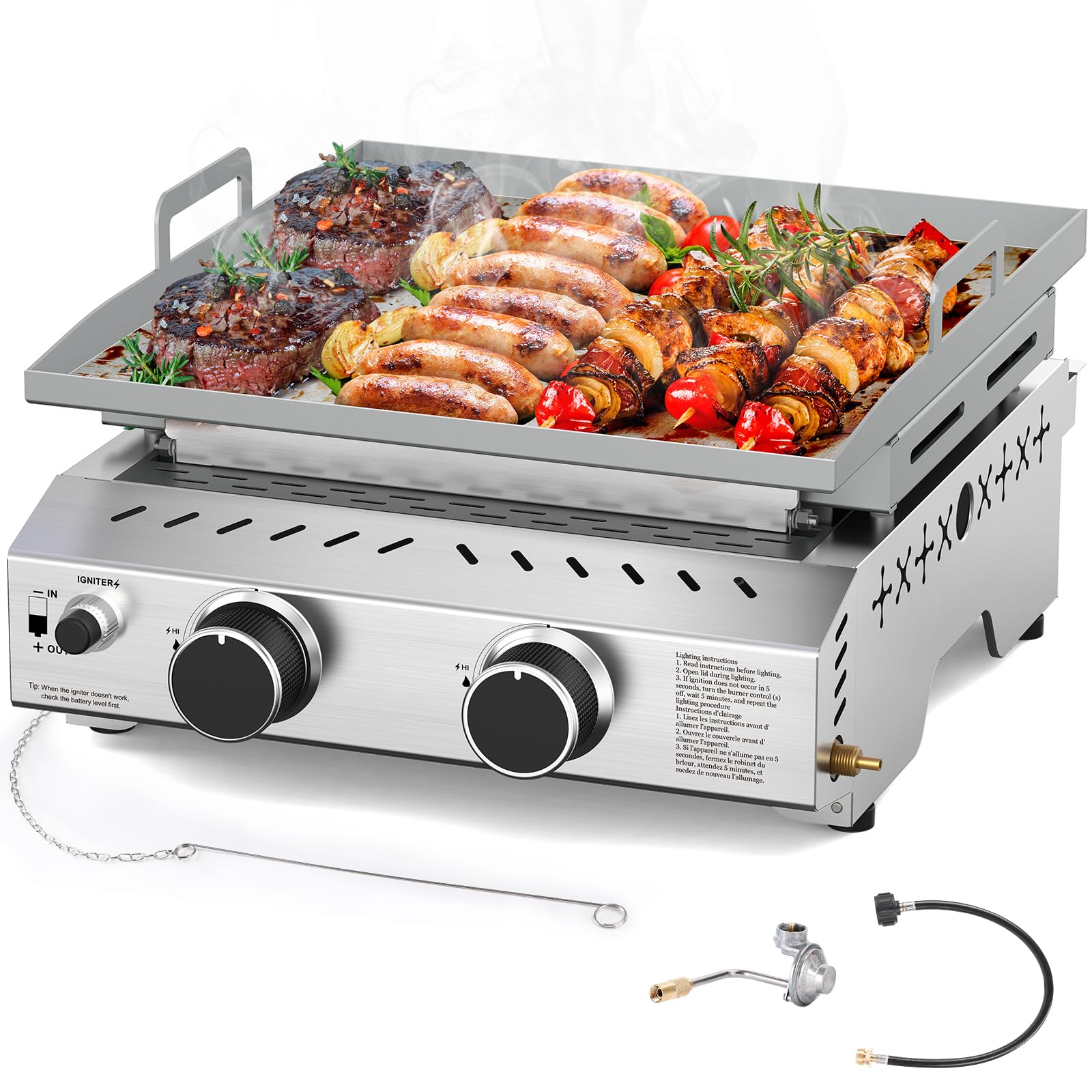 Portable 2 Burners Stainless Steel BBQ Griddle, 16000 BTUS Propane Gas Grill with Uncoated and Non-stick Grids for Garden, Camping, Outdoor, Picnic