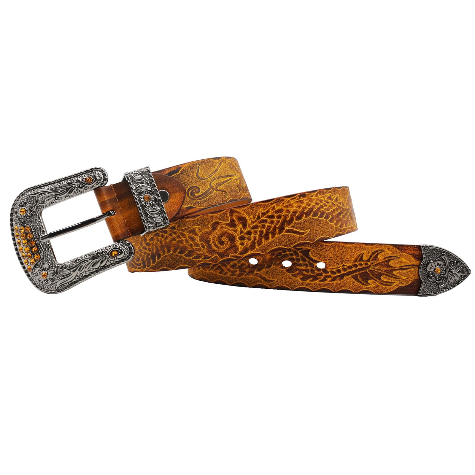 Handgemachter Herren Damen Ledergürtel aus Echtem Leder, Legierung Dornschließe Strass Schnalle, Anzug Jeans Gürtel,Drache Prägung(125cm/49, Brown)