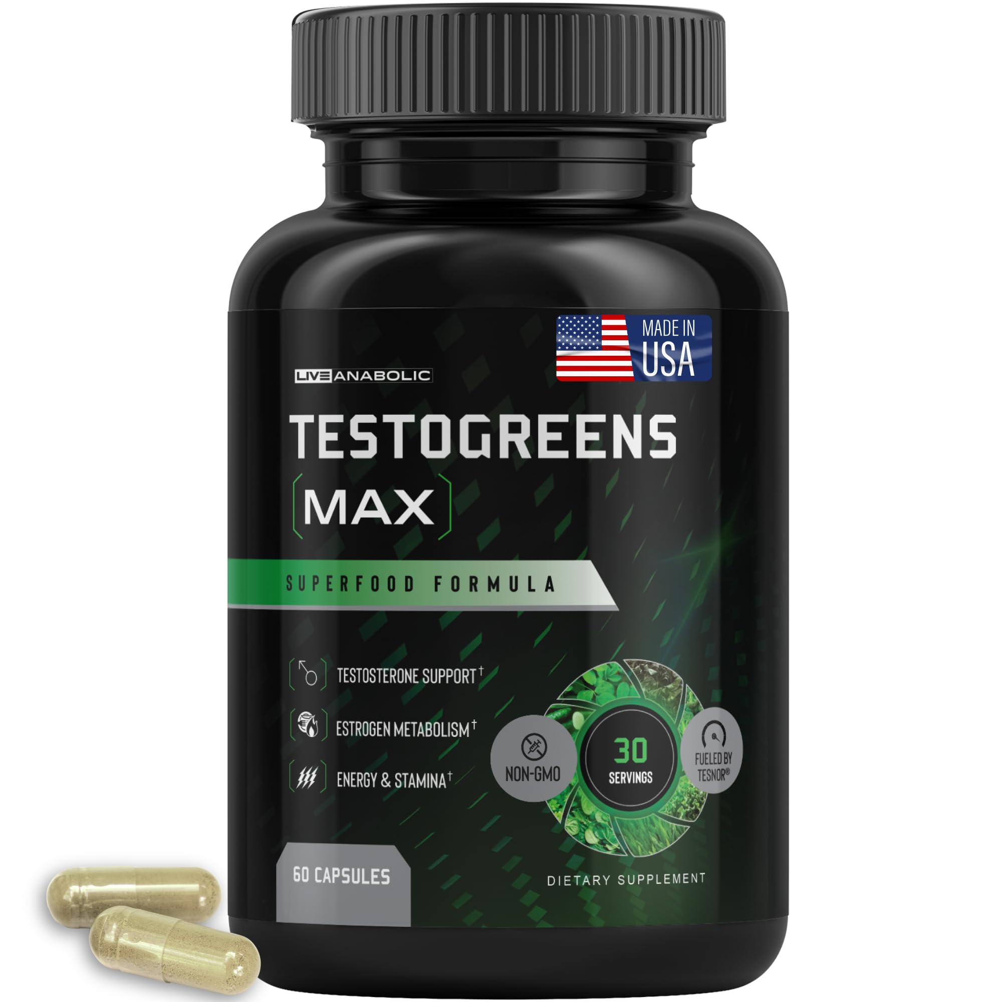 Live Anabolic Suplemento de greens para homens com Tesnor®, DIM, Panax Ginseng e BioPerine®, 60 cápsulas