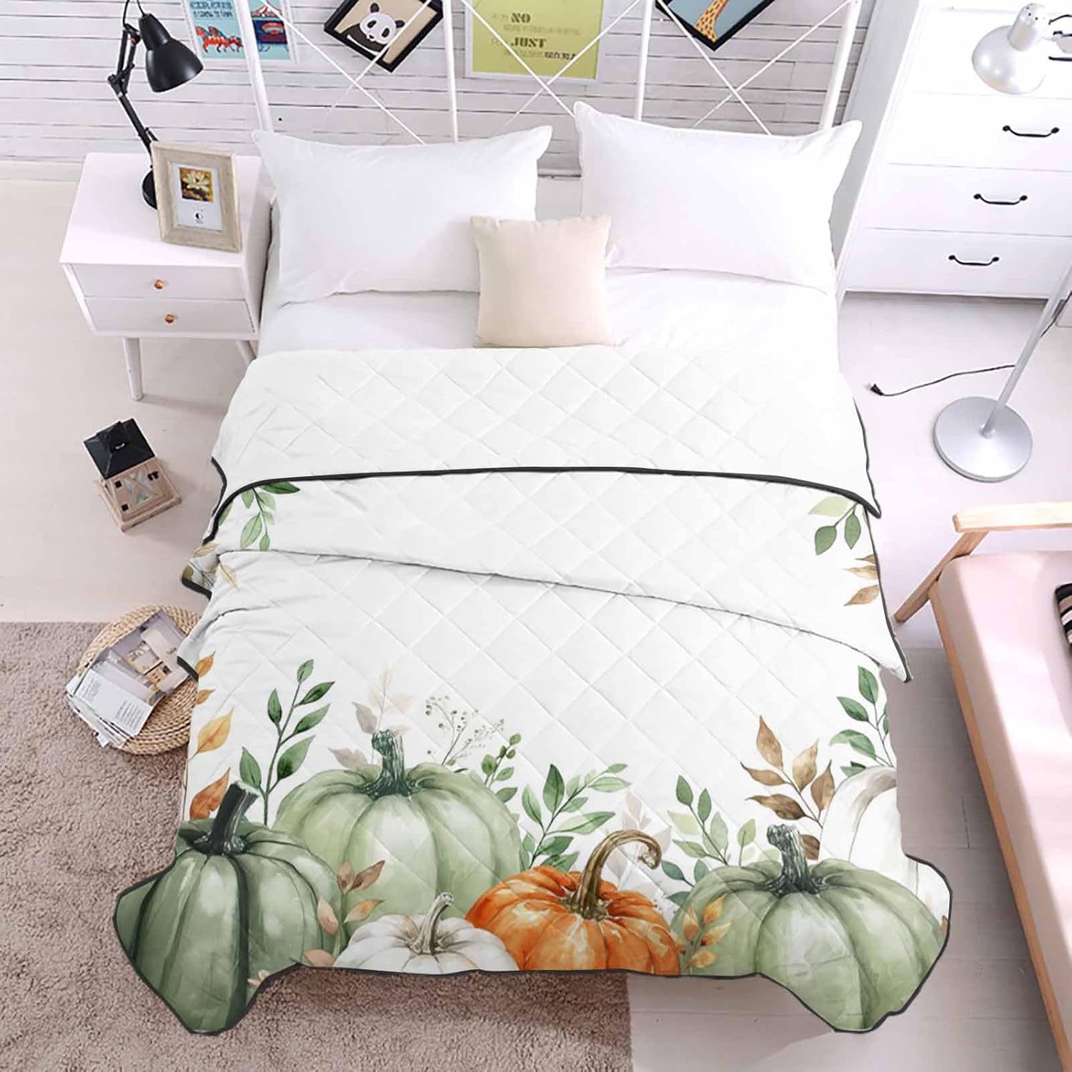 T&H XHome Quilt Full Size Luxury Quilted Comforter Bedspread-Thin Soft Cozy, Eucalyptus Leaf Fall Pumpkin Floral Thanksgiving Reversible Stitched Lightweight Quilt Coverlet for All Season