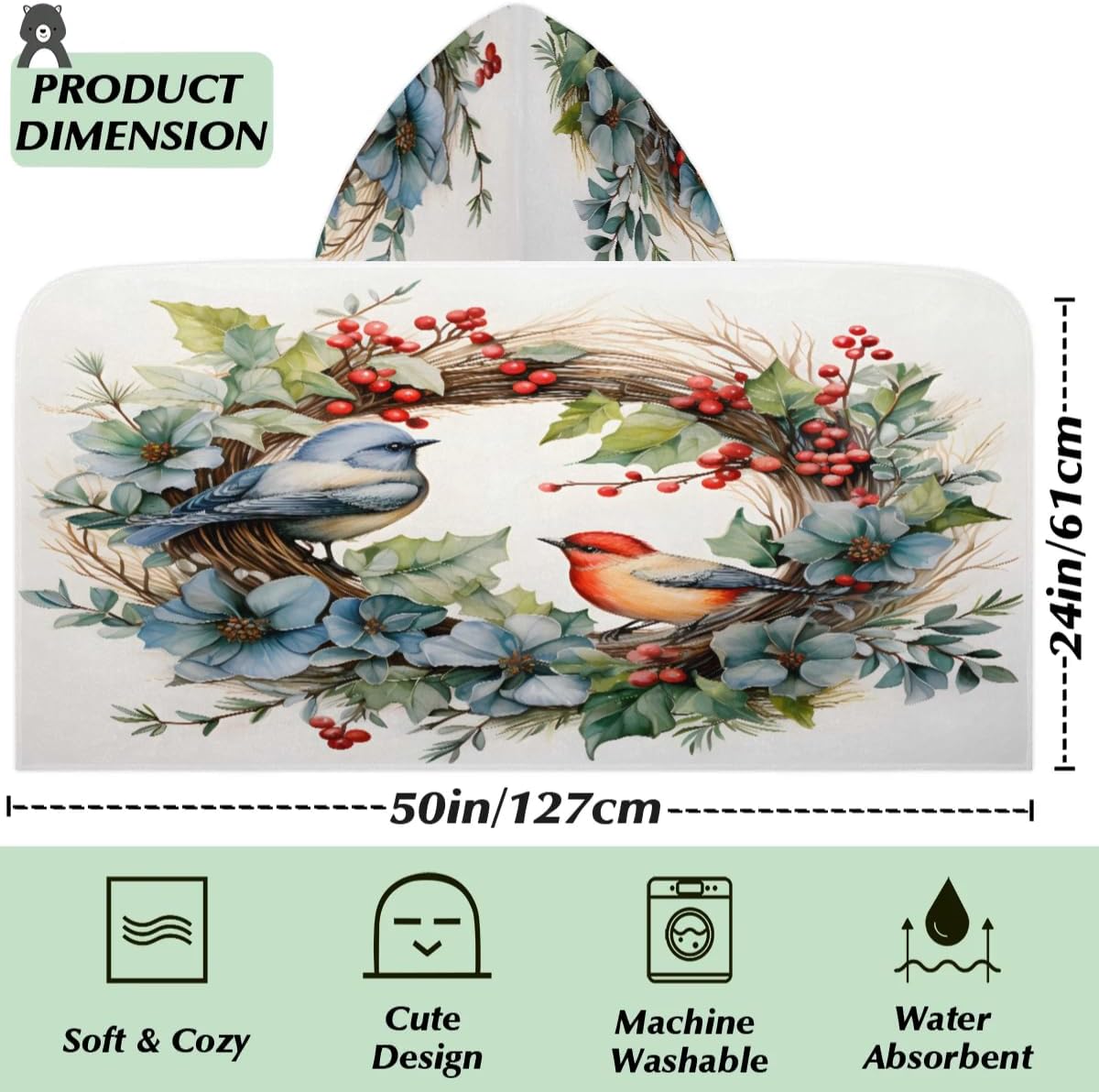 Pardick Kid Bath Towels Seasonal Birds Floral Kids Towel with Hood for Girls Boys Beach Towel Pool Cover Up Soft Absorbent Toddler Hooded Bath Towel for Shower, Beach, Pool