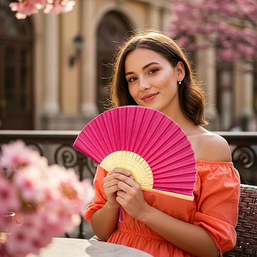 Miniatura 64 de FANSOF.FANS Abanico de mano plegable de mano de tela con borla de grado A, varillas de bambú para mujeres y niñas, fiesta de verano, eventos, Azul