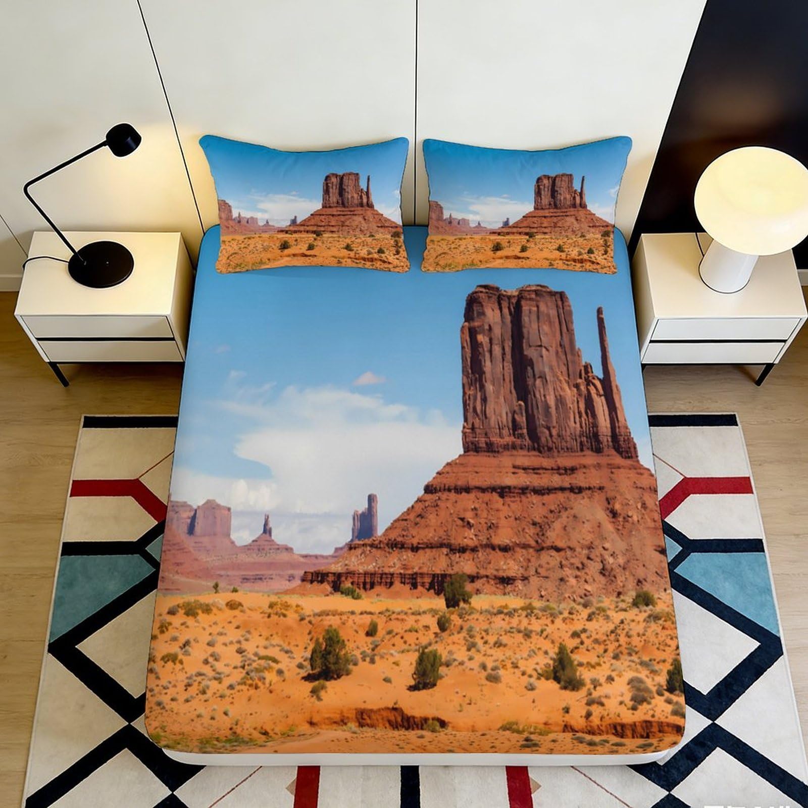 3D Printed Monument Valley Fitted Sheet Microfiber Soft Western Desert Bed Cover for Bedroom Dorm Guest Room Decor 90x200x25cm