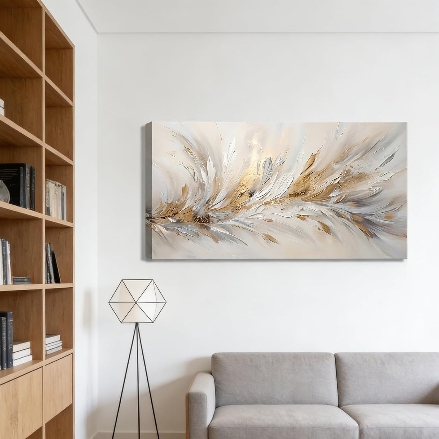 HIPWST Duża nowoczesna minimalistyczna ilustracja ścienna ze złotymi piórami abstrakcyjne pióro do dekoracji salonu (80x160cm/wewnętrzna rama)