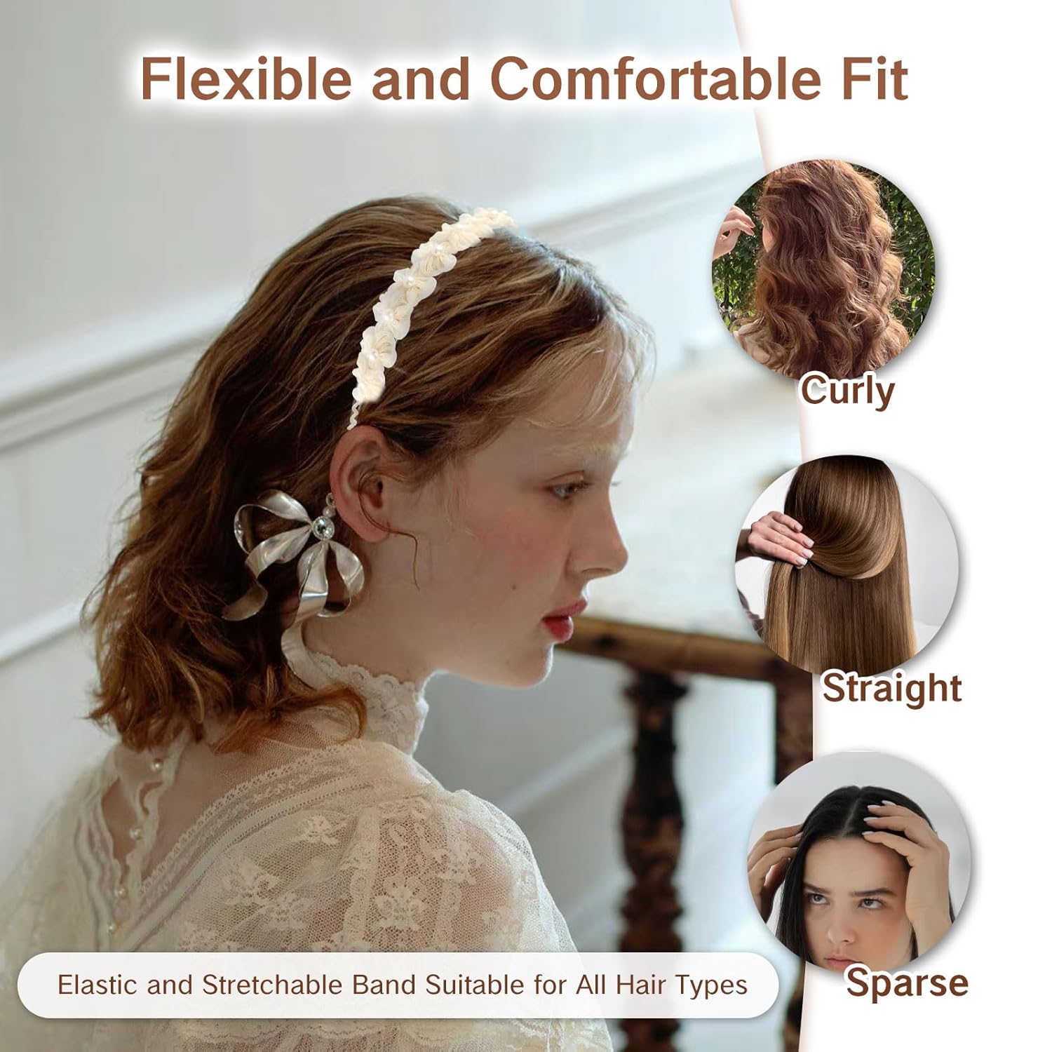 NIIIYTYB White Flower Headband with Faux Pearl Small Tulle Flowers Hair Band for Women and Girls Wedding Hair Accessory Photography Headwear Elegant Pearl Flower Headbands for Bridal - Image 5