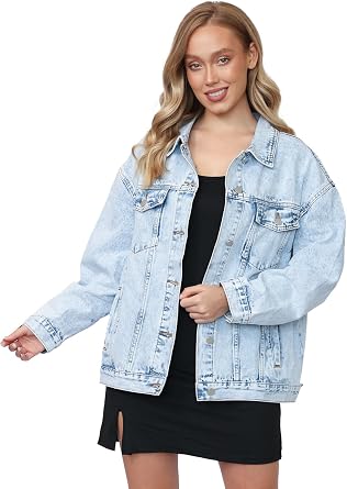 Womens Denim Jacket - Oversized Long Sleeve Drop Shoulder Button Front Jean Jacket, Loose Fit Denim Coat with Pockets