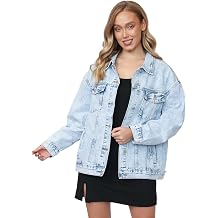 Women's Denim Jacket - Oversized Long Sleeve Drop Shoulder Button Front Jean Jacket, Loose Fit Denim Coat with Pockets
