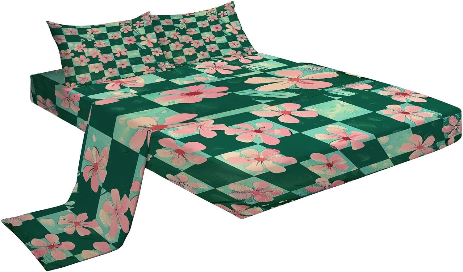 Print Fitted Sheet Set Twin Size for Kids Boys Girls, Green Checkered Background Bed Sheets Floral Pink Flower Pattern Fitted Sheet Adults Flat Sheet Soft Luxury, Home Room Decor 4Pcs