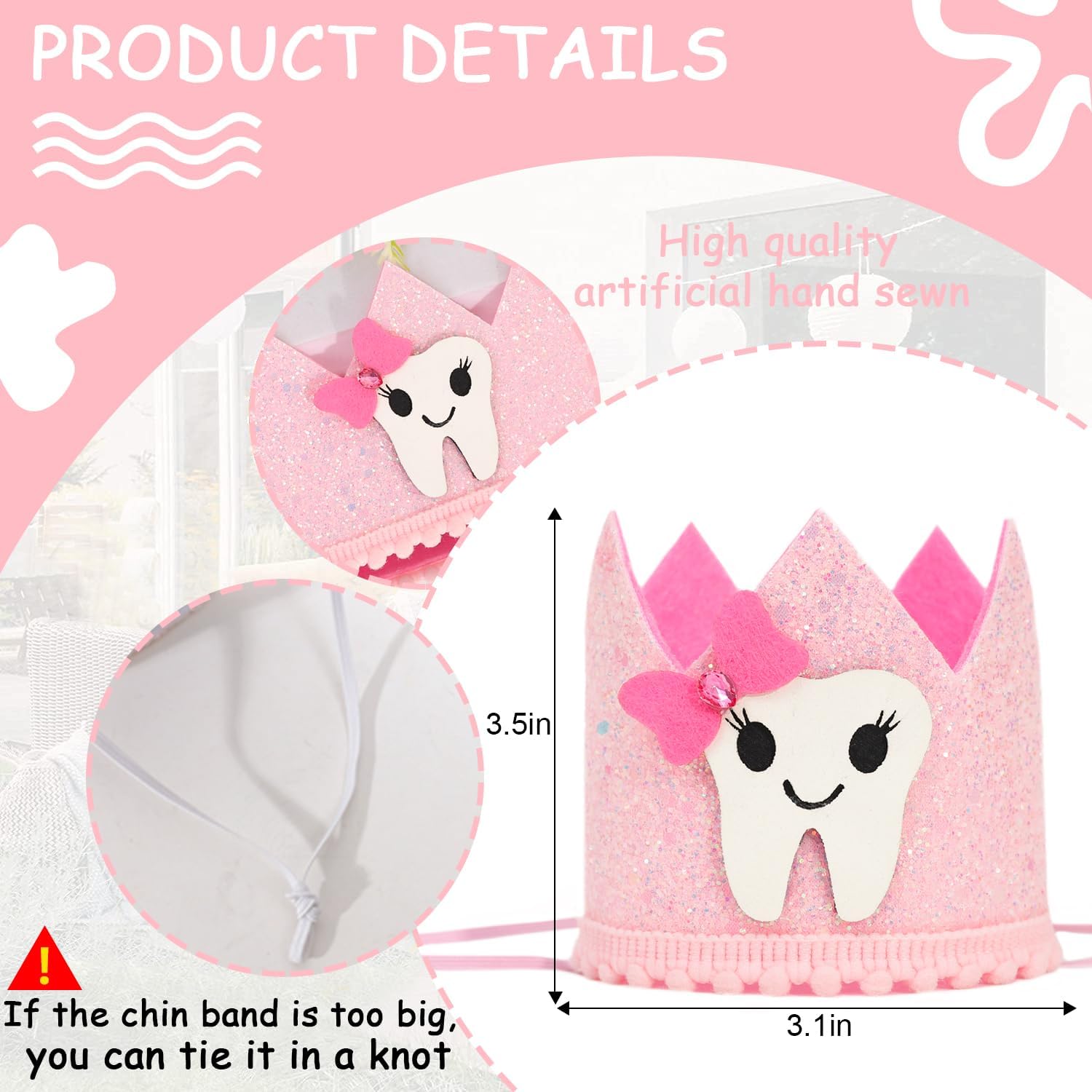 Glitter Tooth Fairy Birthday Crown - Tooth Themed Party Decoration, Tooth Fairy Hair Accessories, My Tooth Party Crown, Sweet Hat For Birthday Photo Booth Props (Pink) - Image 2