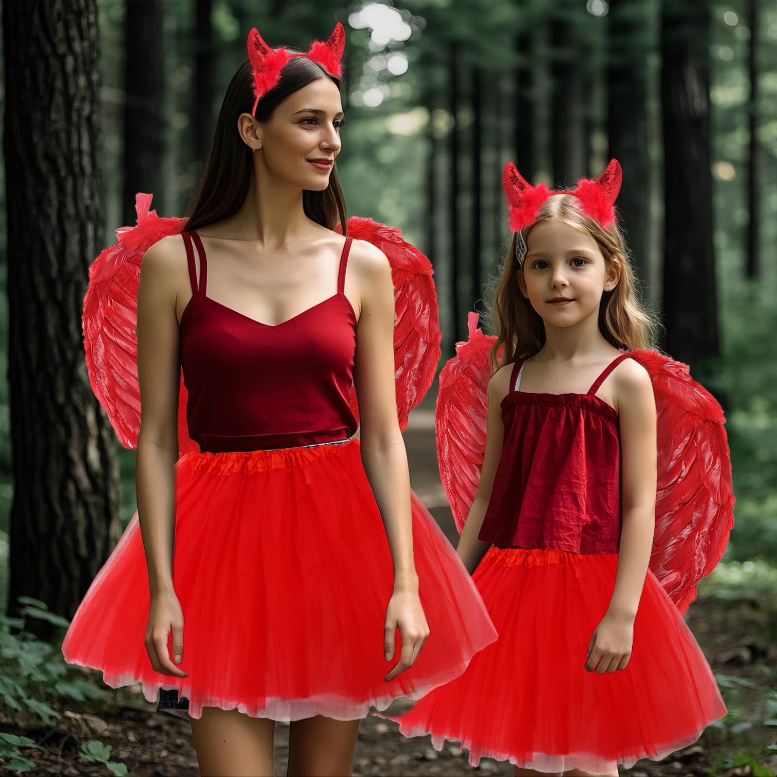 Carreuty 4 Pcs Red Devil Costume for Women Halloween Angel Wings Fancy Dress Sets with Devil Wings Red Tutu Trident Fork Prop Devil Horns Headband - Image 3