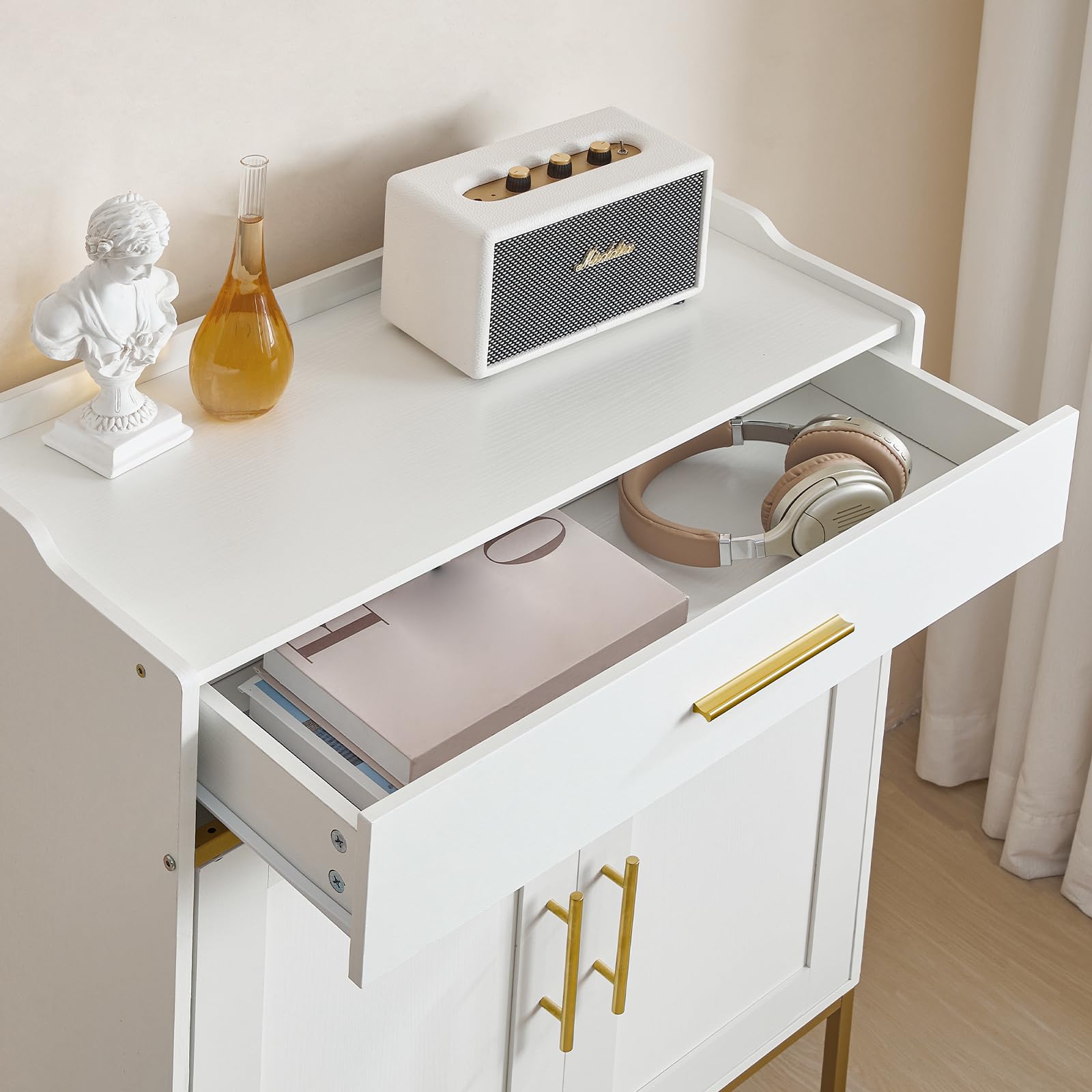 HOOBRO Meuble à Chaussures Blanc Et Doré Avec Tiroir - Étagère à Chaussures 3 Niveaux Réglables, Rangement Entrée Et Couloir EDW14SC01