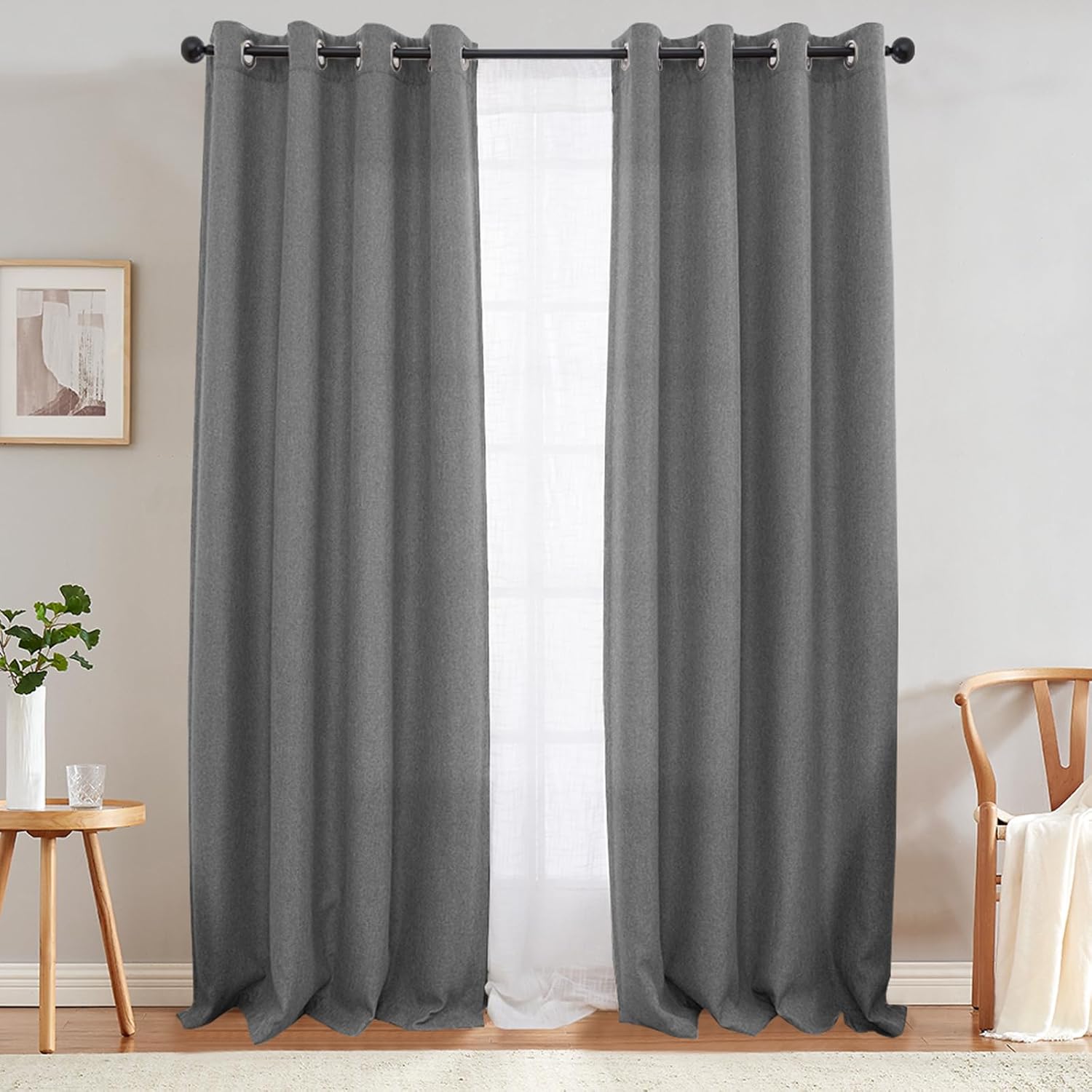 jinchan Linen Textured Curtains 90 Inch Length 2 Panels for Living Room Grommet Top Grey Room Darkening Drapes for Bedroom Thermal Insulated Window Curtain Set Gray