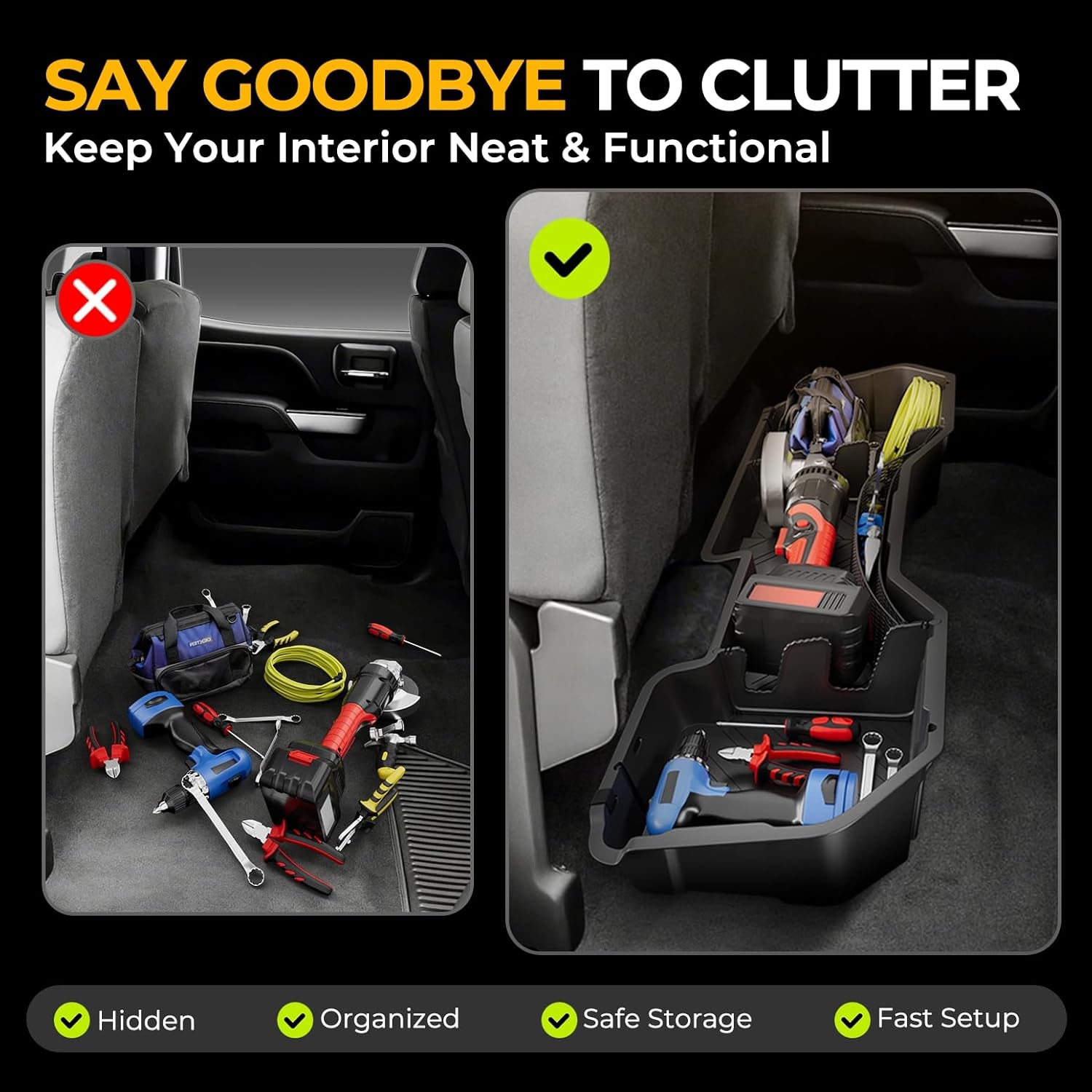 Auto Dynasty Rear Under Seat Tool Cargo Storage Box Organizer Tray Compatible with Chevy Silverado GMC Sierra 1500 2500HD 3500HD Crew Cab Pickup 2007-2019, Lightweight Design, Glossy Black