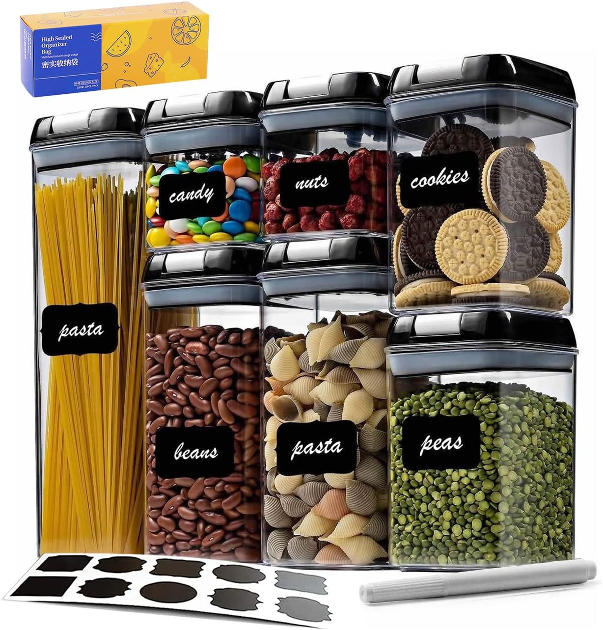 Airtight Food Storage Containers, Cereal Containers Storage Set for Kitchen & Pantry Organization, 7 Pieces BPA Free Plastic Food Containers for Sugar Flour with 25 Pcs Reusable Food Storage Bags