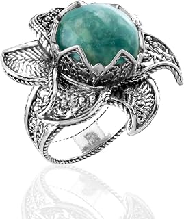 925 Sterling Silver Filigree Art Lotus Flower Design Gemstone Woman Statement Ring