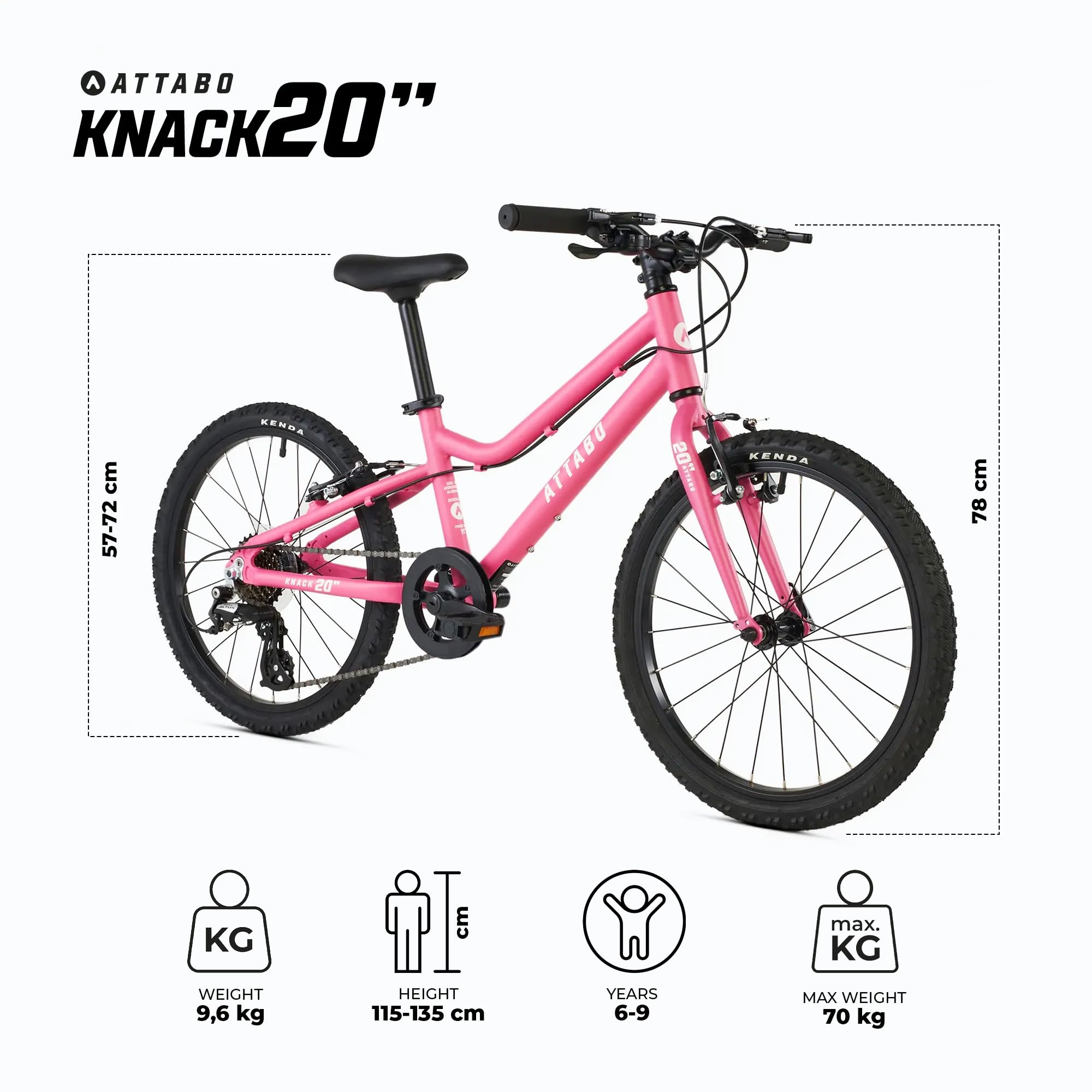 ATTABO Knack 20 – Kinderfahrrad (5–9 Jahre) mit leichtem Aluminiumrahmen, 20-Zoll-Rädern, Stahlgabel, für 110–135 cm Körpergröße, stabile Konstruktion, komfortabel und sicher bei jeder Fahrt