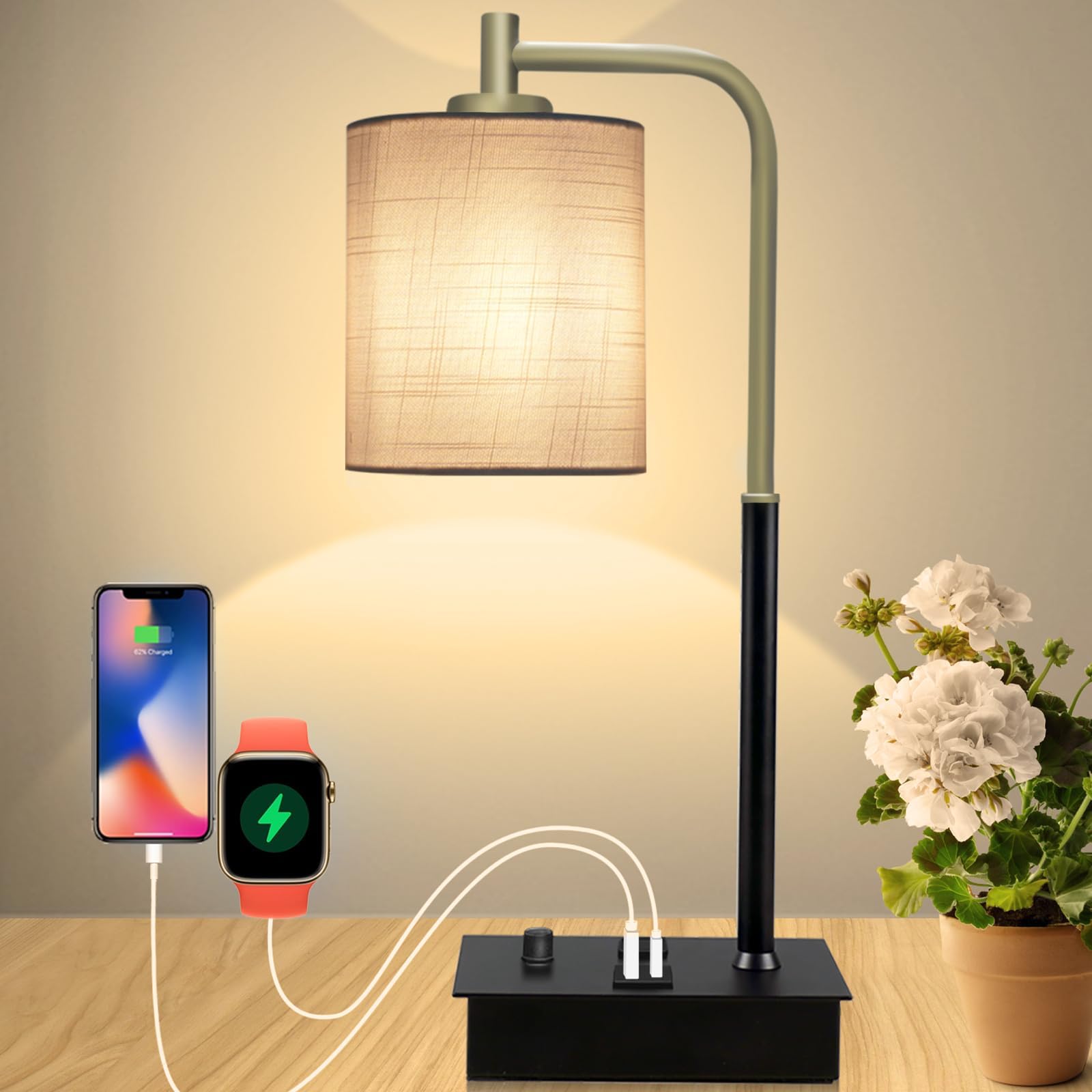OYedis Bedside Table Lamp with USB Ports and Outlet, Lamp for ...