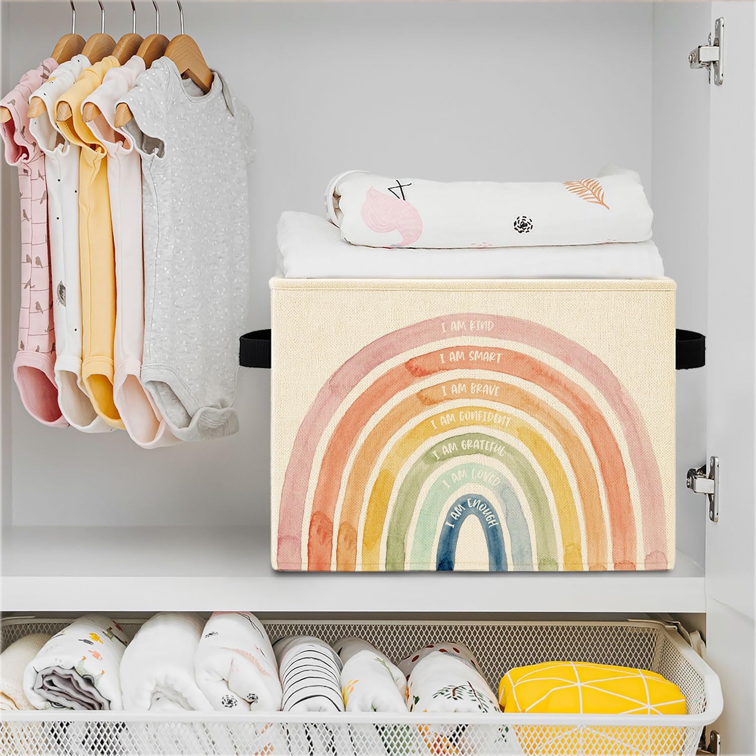 Inspirational Boho Kids Storage Bins, Positive Affirmation Rainbow Collapsible Storage Basket Organizer for Kids Room Nursery Bathroom Clothes Toys Books, Toybox for Boys Girls