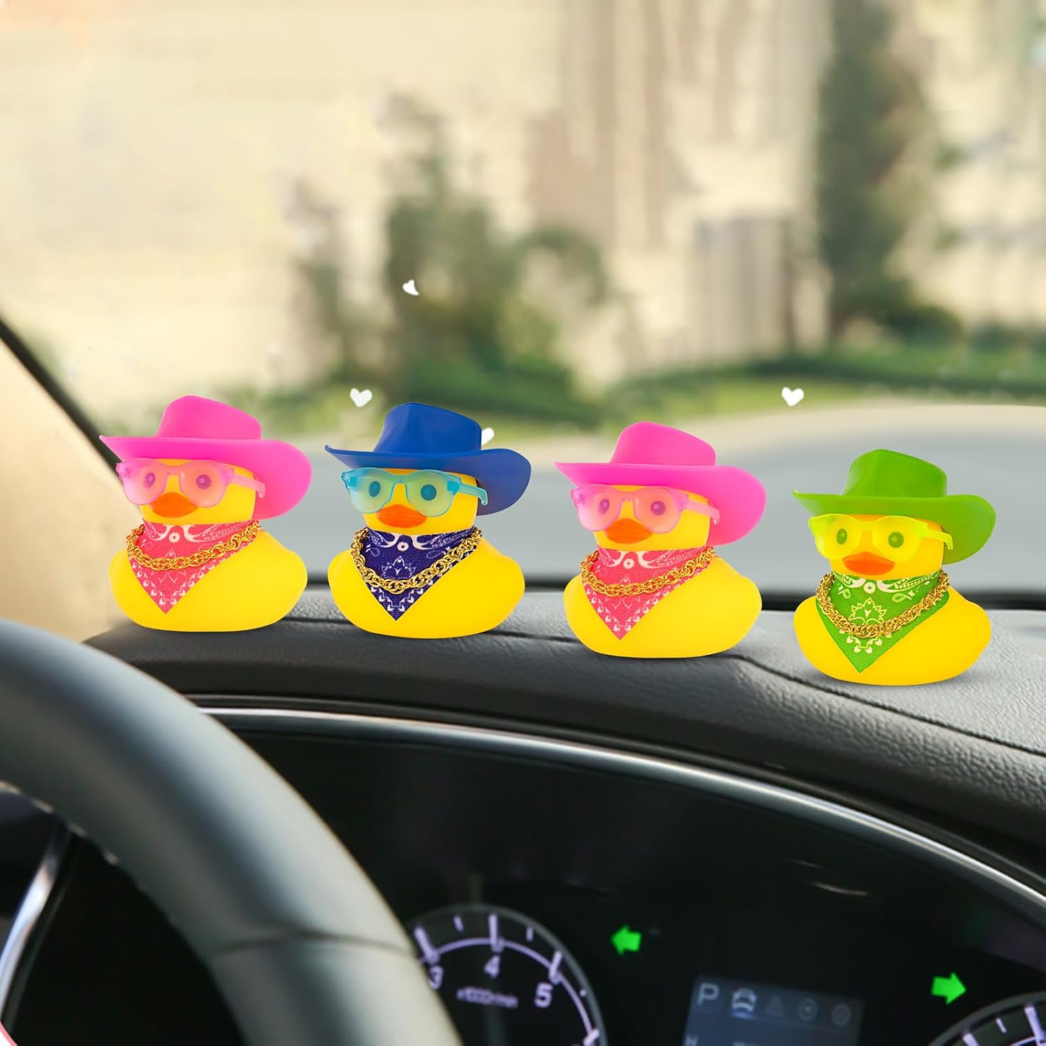 wonuu Car Decorations Rubber Ducks, Dashboard Rubber Ducky for Car Ornament Cute Duck with Cowboy Hat, Pink Glasses, Scarf, Necklace (Pink)