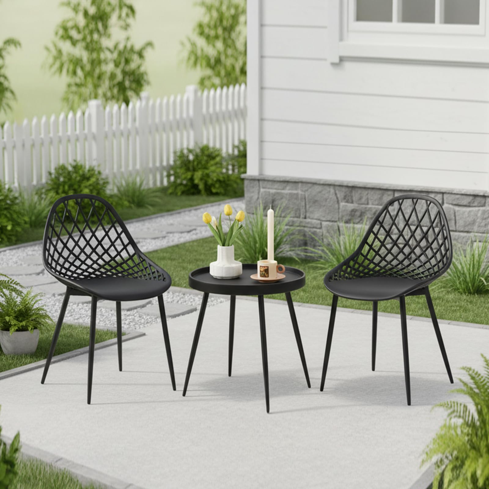 Set di 2 sedie da giardino in metallo, set da 2 sedie da bistrot per esterni, ergonomiche, adatte per interni ed esterni, colore: nero, 2 sedie + 1 tavolino da caffè