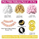 Flyloons 8th Birthday Decoration Items Pink and White Theme Combination for Girls Princes | 30 Pcs Pink White Gold Balloons | Pink Happy Birthday Paper Banner | Arch Tape gallery image