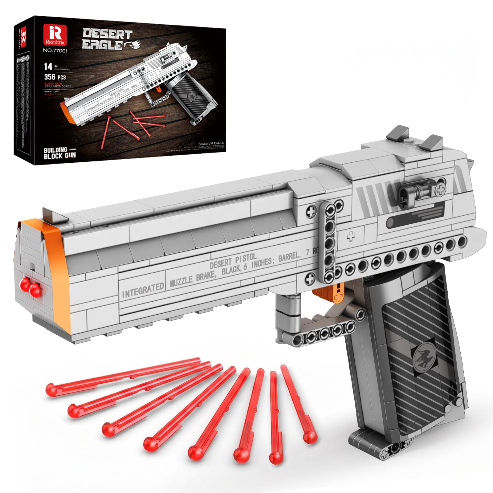 Reobrix Desert Eagle Building Block Set for Adults 77001, 356 PCS 1:1 Desert Eagle Toy Model Kit, Collectible Gun Toy Building Set for Display&Play, for Military Enthusiasts 14+
