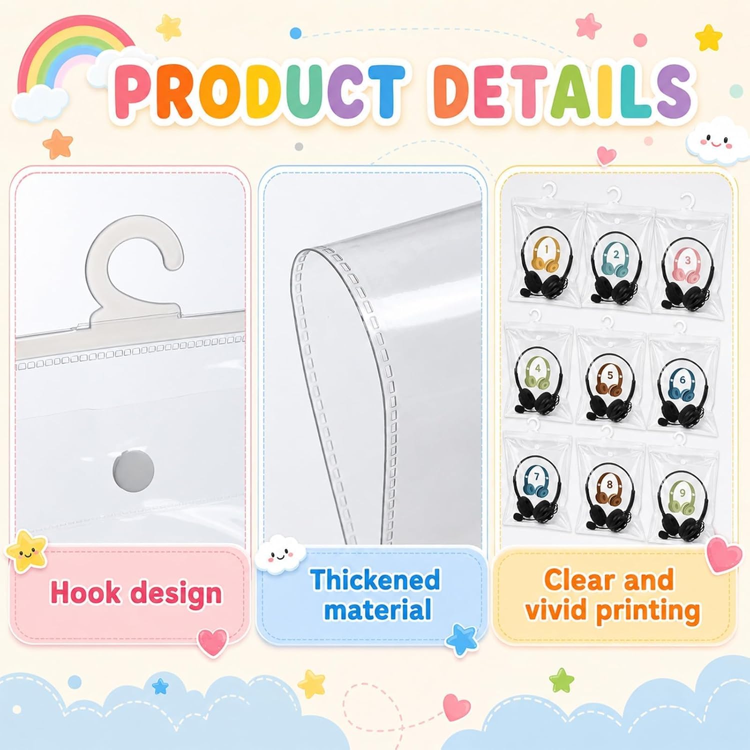 24 Pack Classroom Headphone Bags 9 x 11.8 inch Multi PVC Clear Plastic Organizer Hook Hanging Storage Bags with Headphone Number Stickers Reusable Waterproof for Classroom Library Hanger