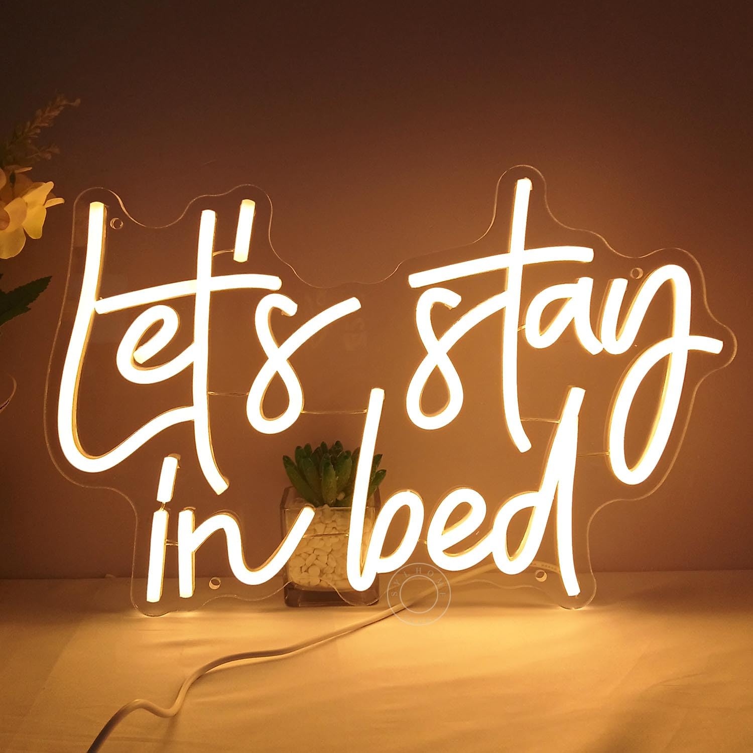 SYLHOME Let's Stay In Bed Led Neon Light Up Sign Bedroom Hotel Apartment Wall Sign Decor Night Slumber Party Birthday Wedding Party Decor Gifts15.75"