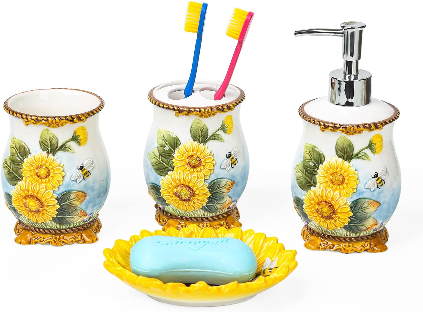 Ceramic Sunflower Bathroom Accessories Set, 4 Piece Bathroom Ensemble Set with Toothbrush Holder, Toothbrush Cup, Soap Dispenser, Soap Dish