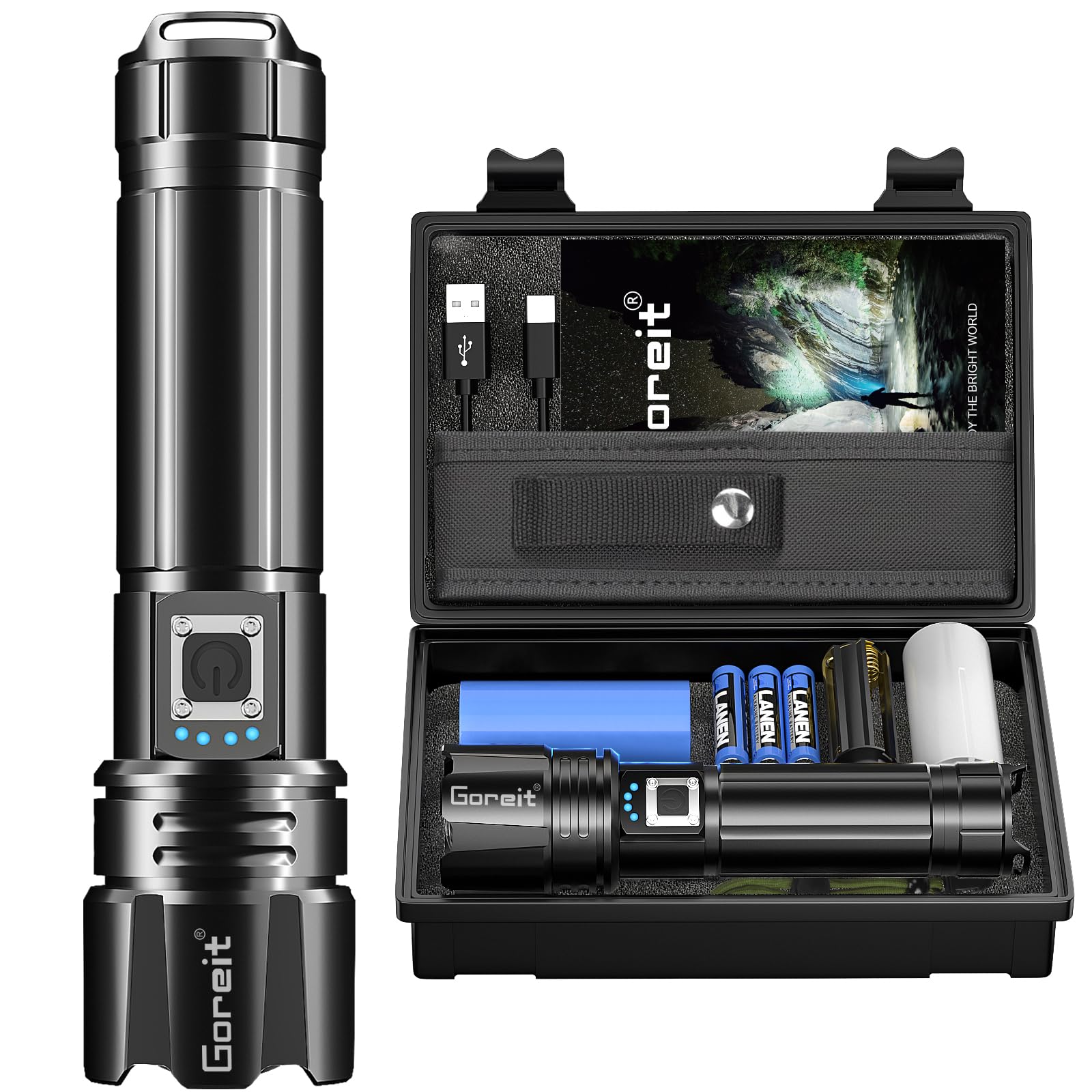 Goreit Flashlight High Lumens Rechargeable, 10000 Lumen Led Flashlights XHP70.2 USB Super Bright Flash Light Battery Powered, Powerful Handheld Flashlights for Emergencies Camping, IP67 Waterproof