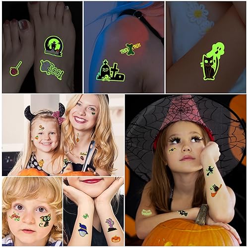 Miniatura 4 de 124 tatuajes temporales de Halloween que brillan en la oscuridad para niños, calcomanías de tatuaje falsas luminosas impermeables para fiesta de