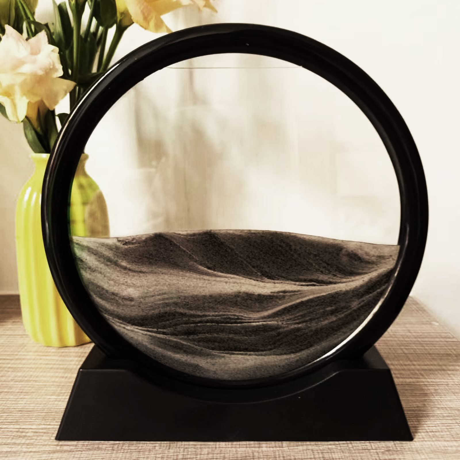 Neioaas 3D Moving Sand Art Pictures - Dynamic Sand Painting Liquid Motion,Sand Art Ornaments,3D Deep Sea Sandscape,Round Glass Frame Display Flowing Sand Art,Relaxing for Home Office Decor(7",Gray)